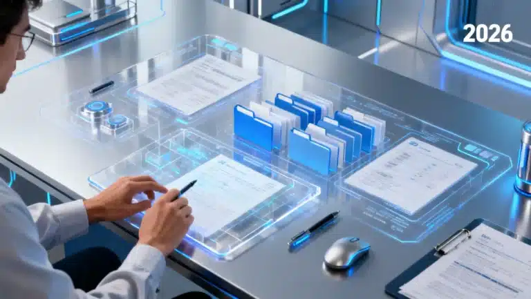 Futuristic digital workspace with holographic file management in 2026