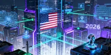 AI Regulation 2026: Shaping US Tech Development Futuristic US cityscape with AI data overlays and policy connections.