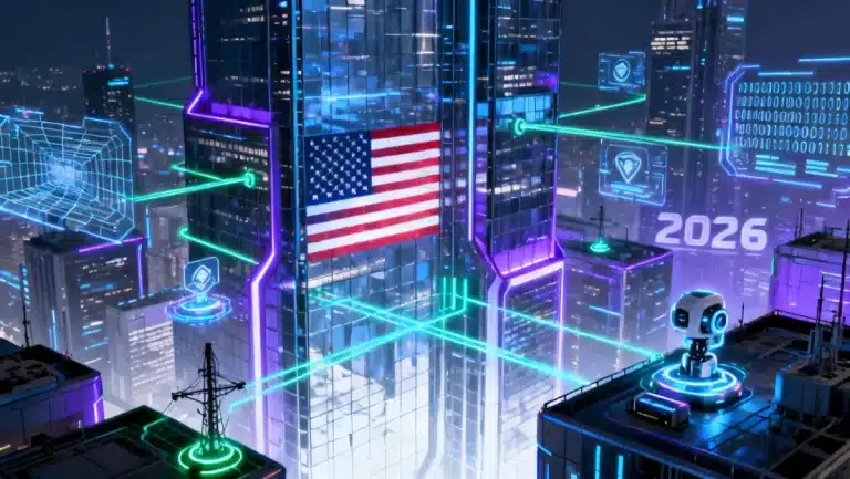 Futuristic US cityscape with AI data overlays and policy connections.