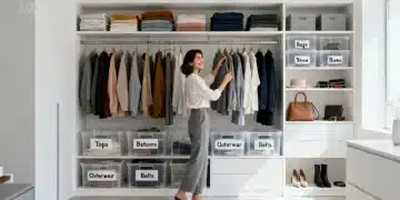 Organized wardrobe with clothes neatly arranged by color and type, showcasing the 80/20 rule in action.