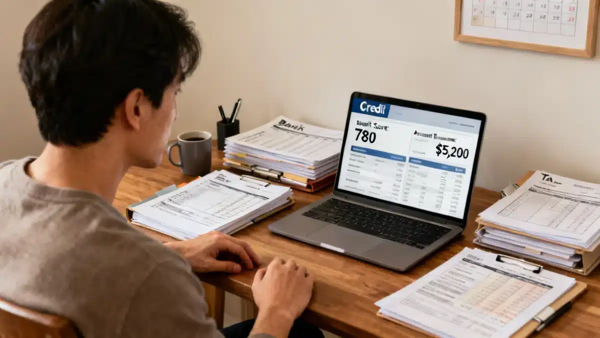 Individual reviewing credit report on laptop for accuracy