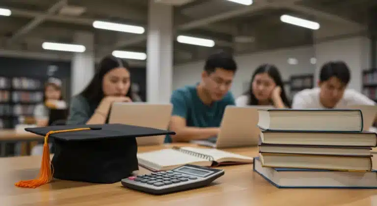 Students studying in a library, symbolizing the financial benefits of education tax credits for higher education in 2026.