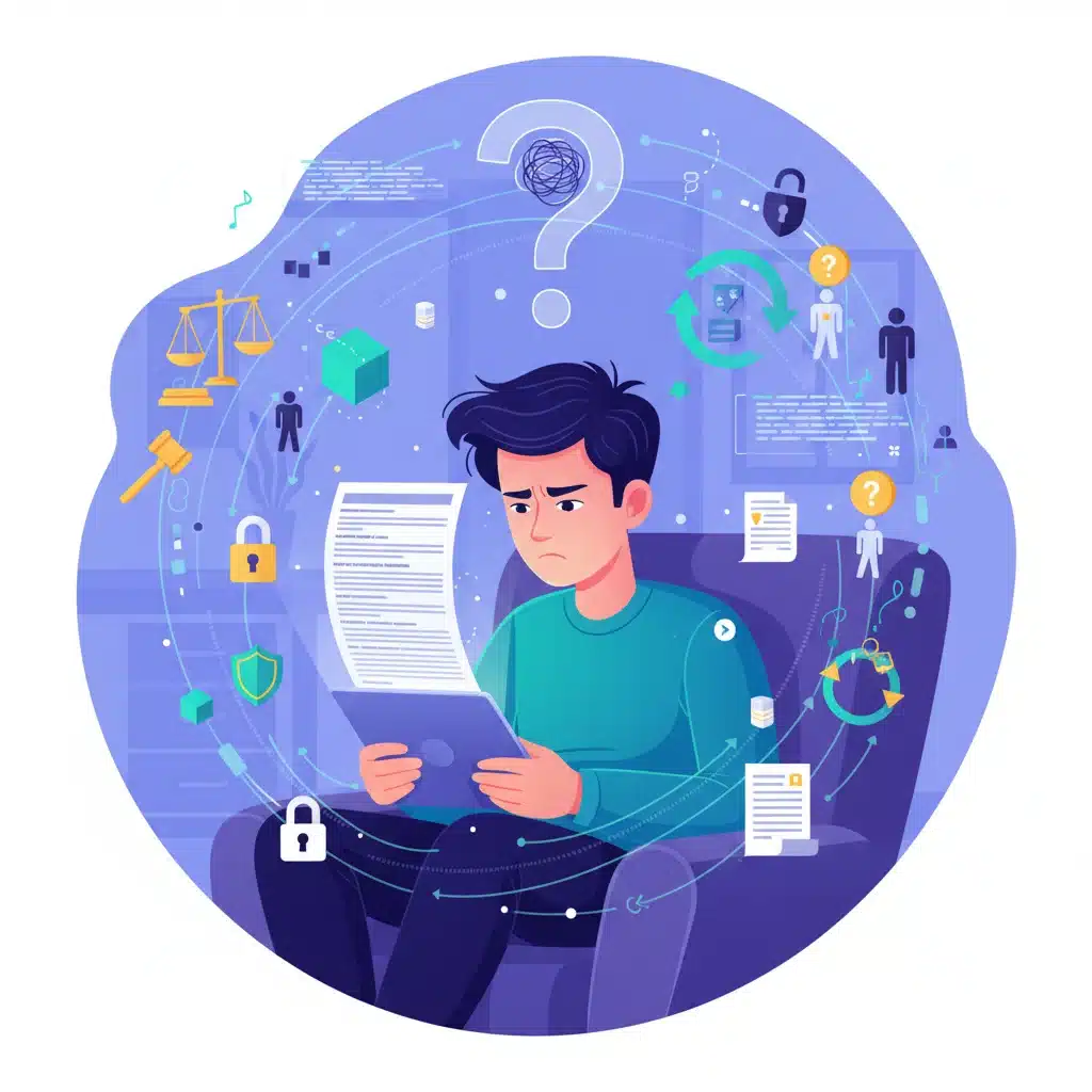 Person reviewing digital privacy policy, illustrating complexity of new data laws.