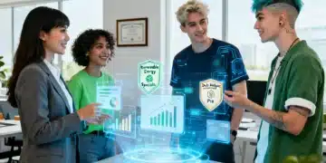 Professionals analyzing data on a holographic screen, symbolizing career growth through 2026 certification programs