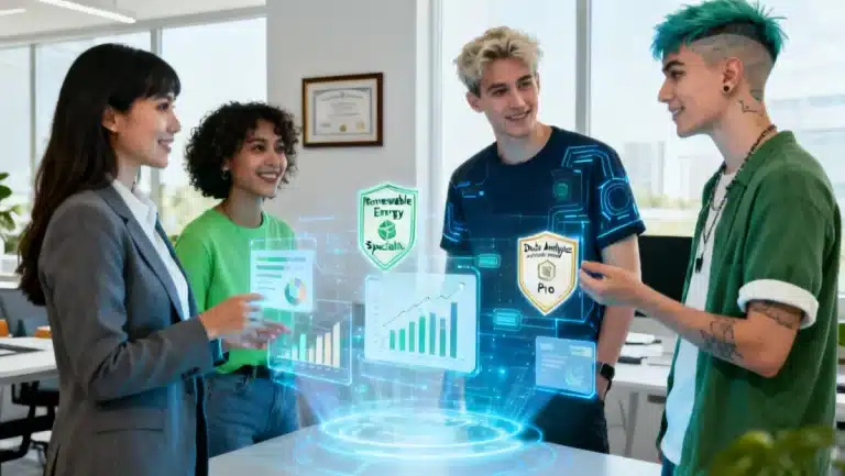 Professionals analyzing data on a holographic screen, symbolizing career growth through 2026 certification programs