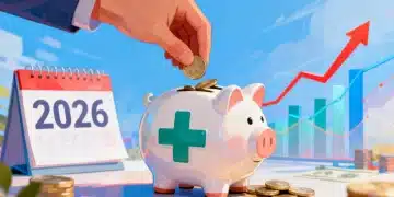 Illustration of hand putting coins into medical cross piggy bank for 2026 HSA savings