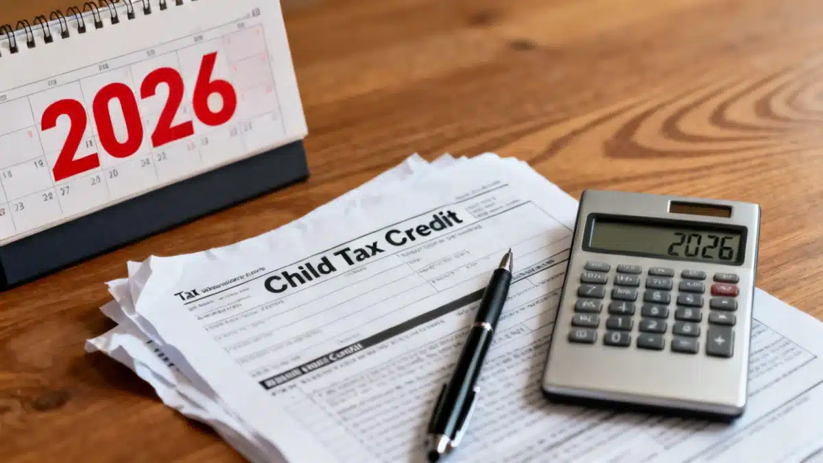 Calendar 2026 with tax forms, illustrating future financial planning for child tax credit