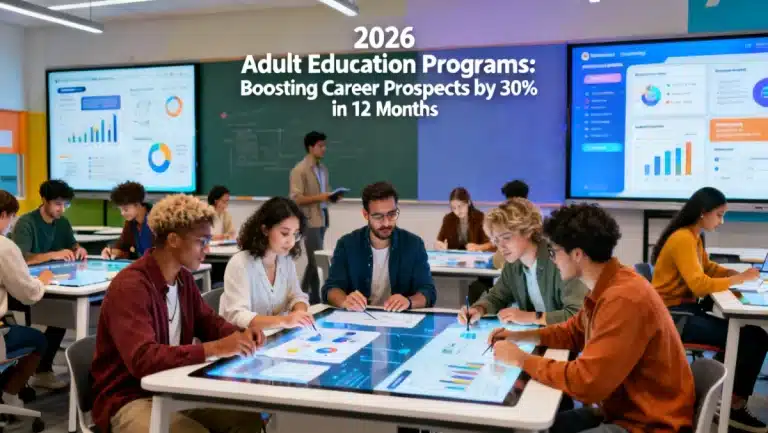 Adult learners collaborating on career development projects in a modern classroom.