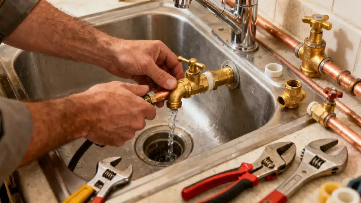 Contractor repairing leaky pipe under kitchen sink, illustrating home repairs