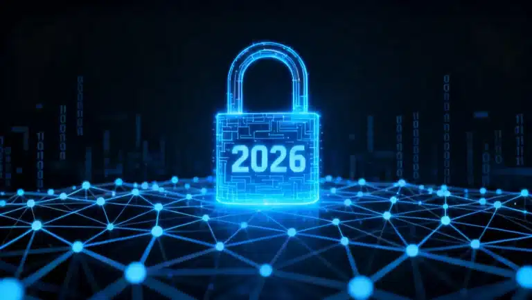 Digital padlock over data network, symbolizing new data breach protection in 2026