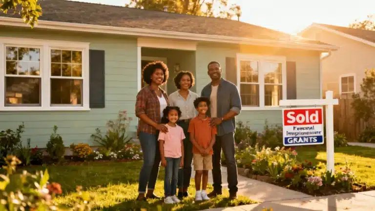Family in front of newly renovated home, symbolizing federal housing grant success
