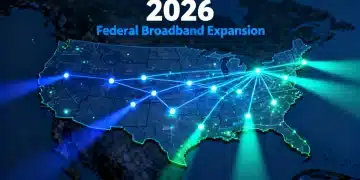 Digital network connecting rural and urban areas across the US, symbolizing federal broadband expansion.