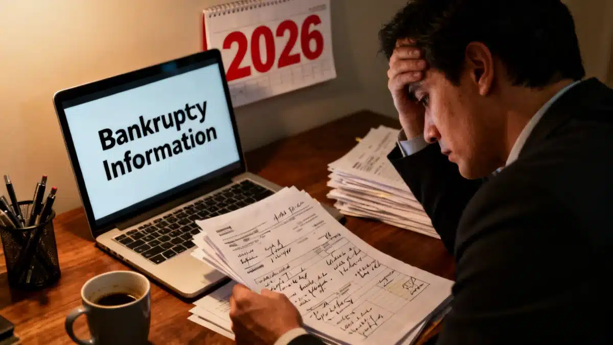 Individual reviewing financial documents for bankruptcy in 2026