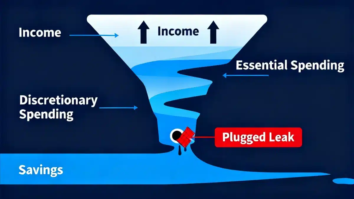 Financial funnel illustrating reduced spending and increased savings through effective budgeting