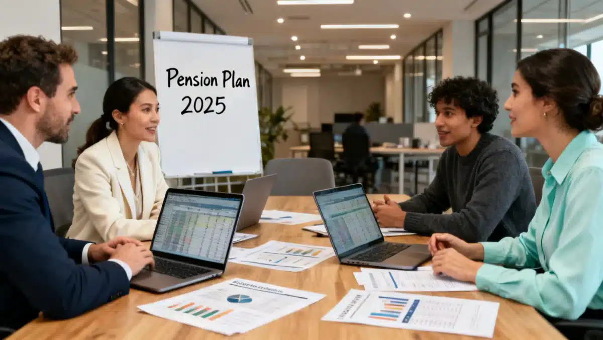 Professionals discussing financial documents and pension plan changes in a collaborative office environment, highlighting strategic planning.