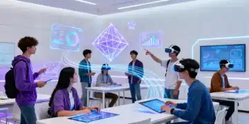Students engaging with advanced technology in a futuristic university setting.