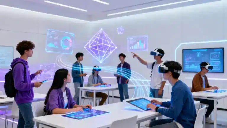 Students engaging with advanced technology in a futuristic university setting.