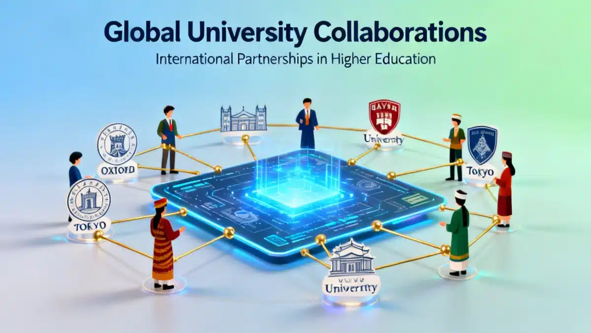 Global students collaborating virtually on an educational project.