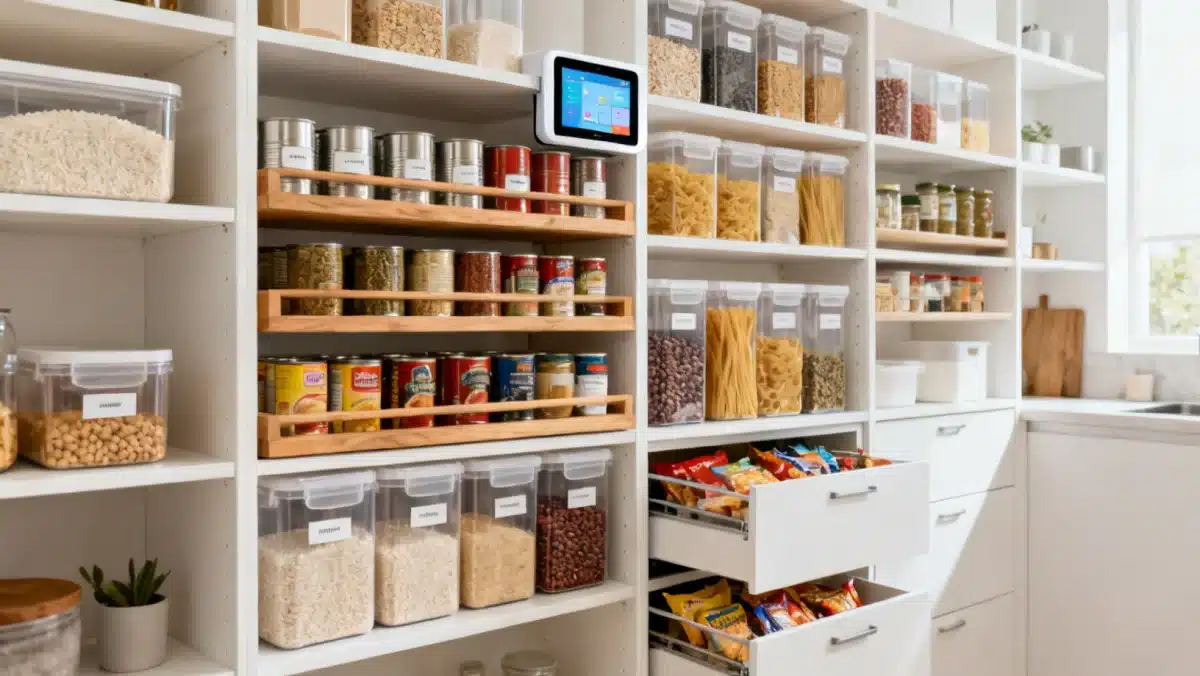 Organized kitchen pantry with labeled containers and tiered shelving
