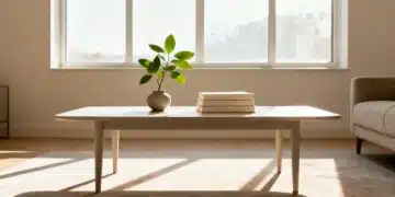 Organized living room with natural light and minimalist decor