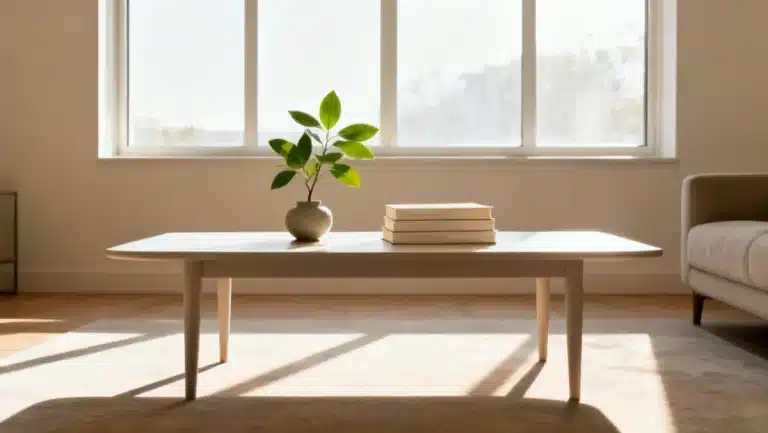 Organized living room with natural light and minimalist decor