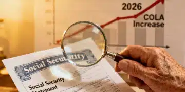 Senior citizen examining a Social Security statement with a magnifying glass, illustrating benefit increase.