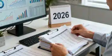 Person reviewing financial statements and digital budget for strategic planning in 2026