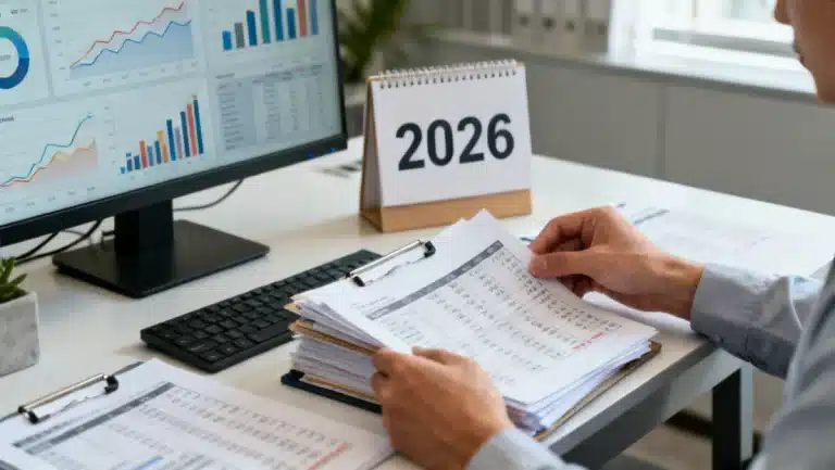 Person reviewing financial statements and digital budget for strategic planning in 2026