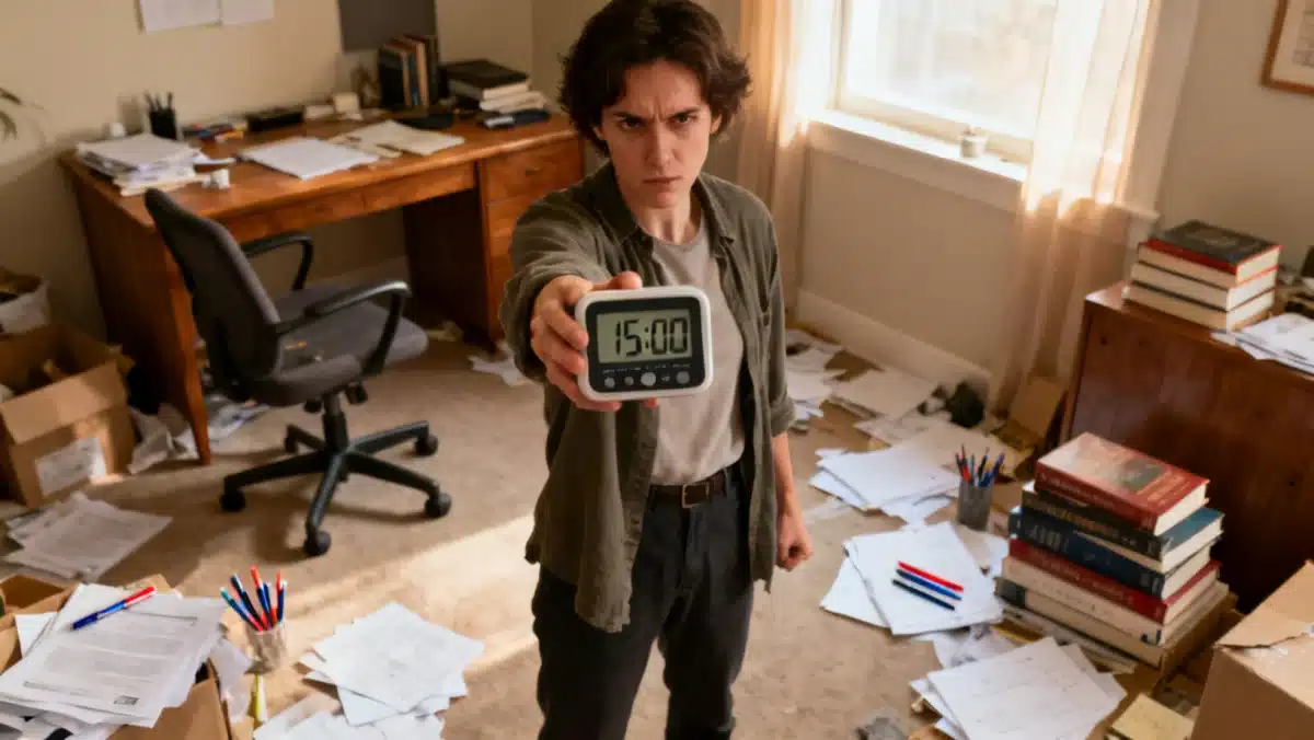 Person setting a timer for a 15-minute decluttering session in a home office