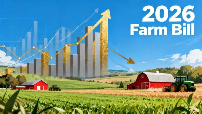 Agricultural landscape with financial charts, symbolizing the 2026 Farm Bill's economic impact.