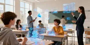 Students and teachers engaging with AI in a futuristic classroom setting.