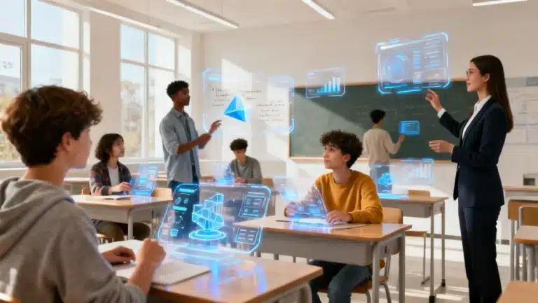 Students and teachers engaging with AI in a futuristic classroom setting.