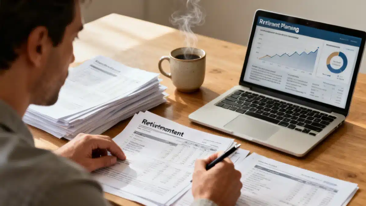 Individual calculating retirement savings and pension projections