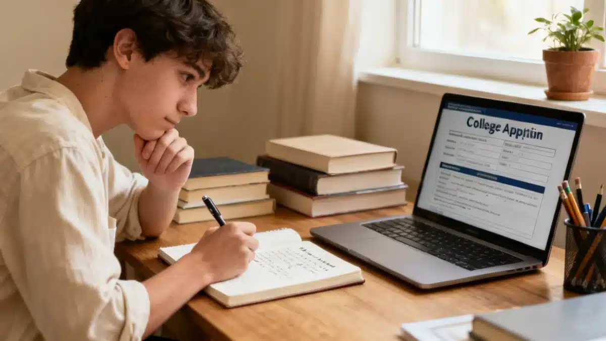 Student writing a college application essay, focusing on personal statement.