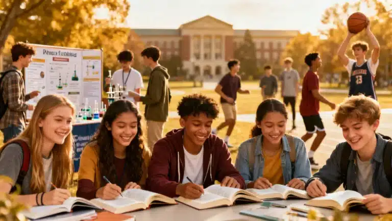 High school students preparing for college admissions, studying and engaging in activities.