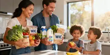 Smiling family with young children holding WIC-approved groceries
