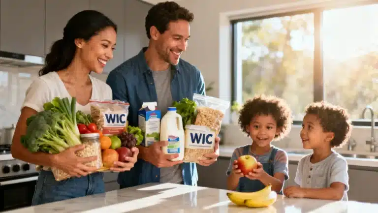 Smiling family with young children holding WIC-approved groceries
