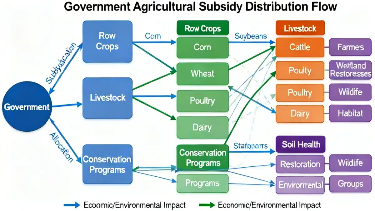 Infographic showing government agricultural subsidy distribution and its impact on various farming sectors.