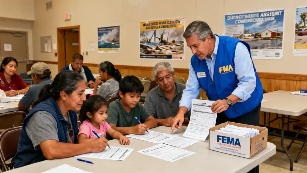 People completing FEMA disaster assistance applications at a community center