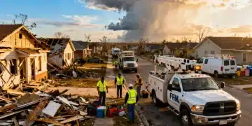 FEMA disaster relief efforts in a community after a natural disaster, showing recovery