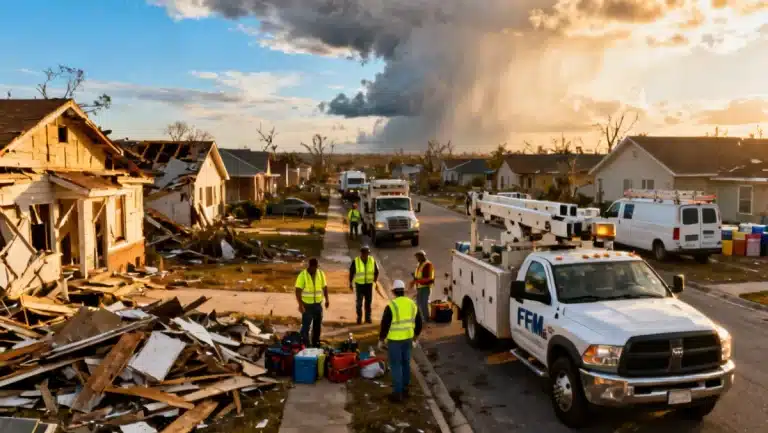 FEMA disaster relief efforts in a community after a natural disaster, showing recovery