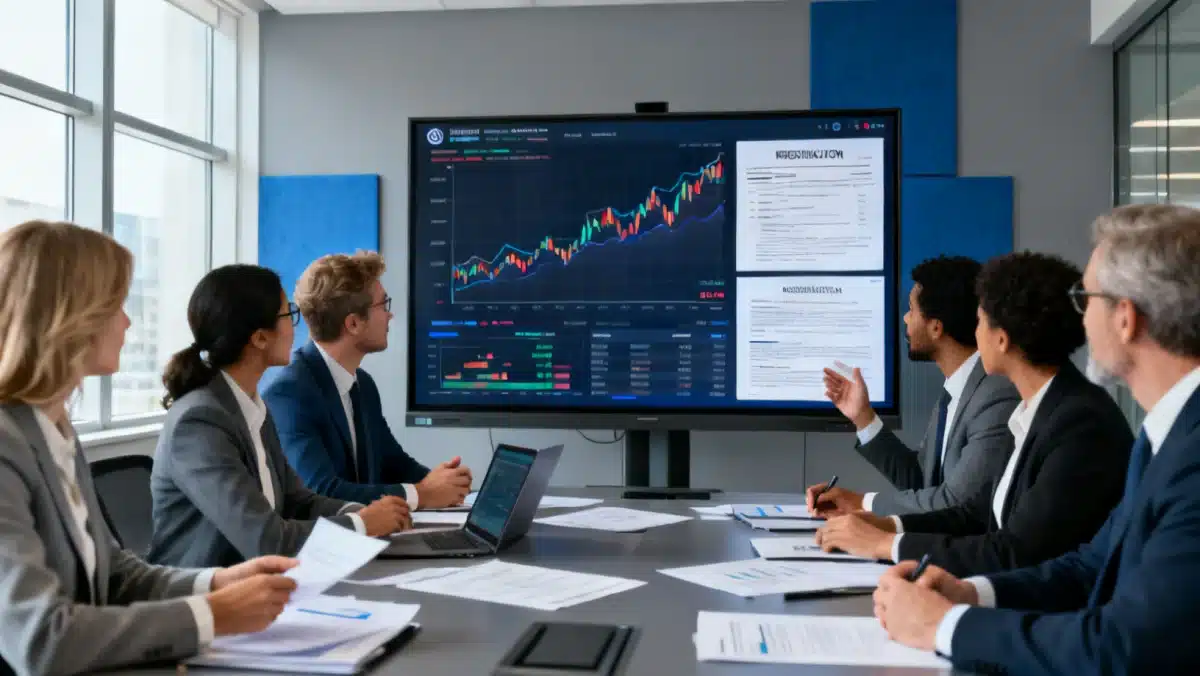 Financial professionals discussing cryptocurrency regulations and market trends in a modern office.