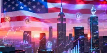 Futuristic digital city with cryptocurrency symbols and US flag, representing digital finance in 2026.
