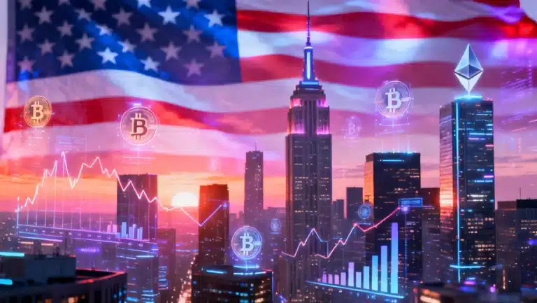 Futuristic digital city with cryptocurrency symbols and US flag, representing digital finance in 2026.