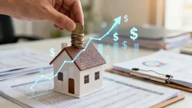 Hand putting coins into a house-shaped piggy bank representing HSA savings and investments