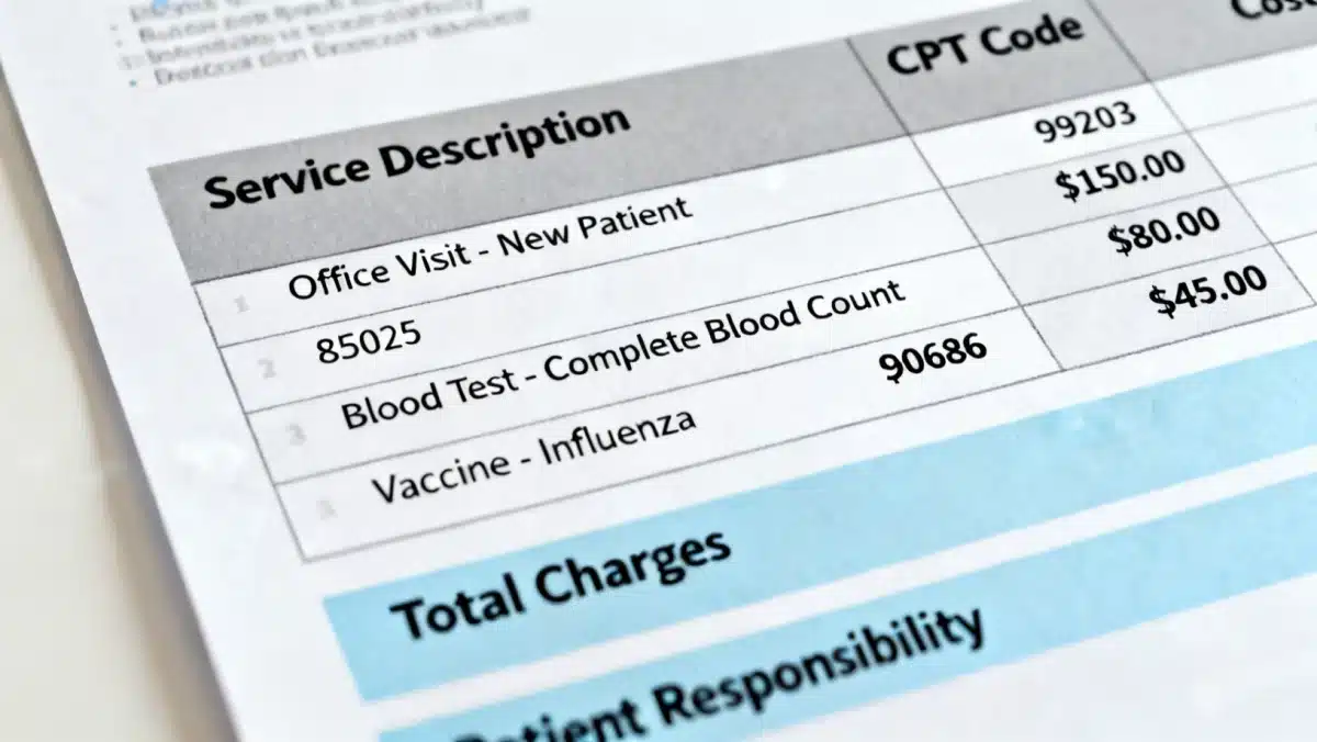 Close-up of an itemized medical statement detailing services and costs.