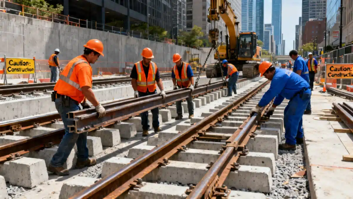 Construction crew installing new light rail tracks in a city