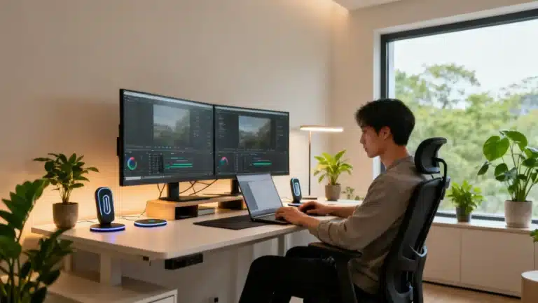 Modern organized home office 2026 with ergonomic setup and smart tech for productivity.