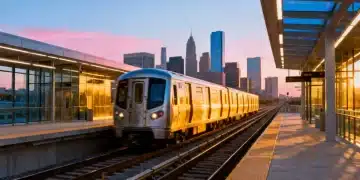 Modern public transit train arriving at a renovated station