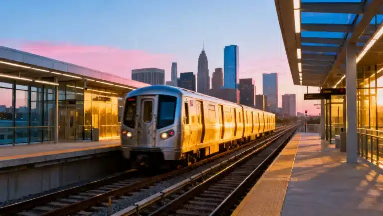 Modern public transit train arriving at a renovated station